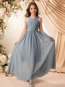 Tween Girls Elegant Bridesmaid Gown, Blue Chiffon Ruffle Splice Spaghetti Strap Open Shoulder Maxi Dress, Sweet Fashion Simple Style For Girl - Light Grey - View 6
