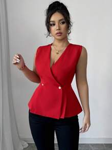 Elenzga Plus Size Women's Elegant Loose Casual Holiday & Commute Solid Color Open V-Neck Crossed Double Metal Button Pleated A-Line Sleeveless Blouse, Spring/Summer