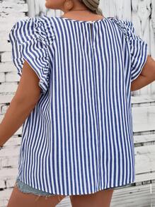 SHEIN CURVE+ 条纹蝴蝶袖衬衫 波西米亚风度假 - 藍白色 - 查看 2