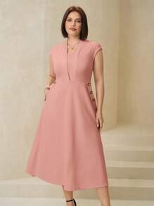 SHEIN Clasi Elegantes Bürokleid in großer Größe mit Knopfverzierung - Pink - Übersicht 3