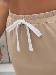 SHEIN LUNE Plus Size Casual Solid Color Drawstring Waist Skirt Fall - Camel - View 3