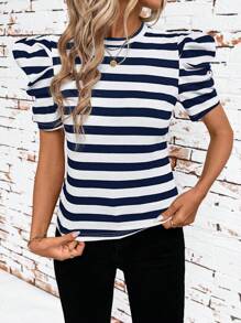 SHEIN Clasi 女士黑白条纹圆领泡泡袖修身T恤圆领T恤夏季女教师装女装 - 藏蓝色 - 查看 3