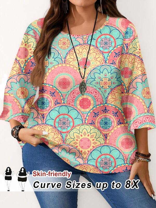 SHEIN CURVE+ Bluză de damă cu mâneci 3/4, cu mâneci 3/4, cu imprimeu simplă, ocazională, cu mâneci 3/4, primăvară/vară