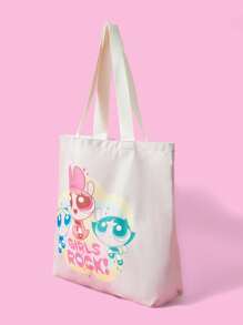 THE POWERPUFF GIRLS X SHEIN 1pc Multi-Function Reusable Fashion Handbag, Blossom, Bubbles, Buttercup Print Canvas Shopping Bag - Multicolor - View 3