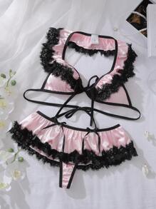 PetitDoll Bộ 2 chiếc ren mi màu tương phản, satin, nơ, viền xếp nếp, bèo nhún, áo ngực buộc dây + quần lót, bộ đồ lót nữ dễ thương và ngọt ngào - Hồng - Xem 6