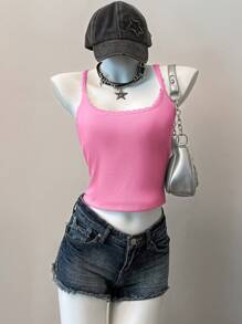SHEIN EZwear Pink Rib Knit Women's Contrast Lace Crop Cami Top - Pink - View 8