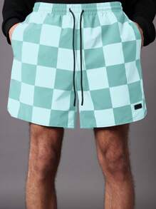 Performance Checkerboard Nylon Athletic Shorts With Side Slits, Breathable Summer Training Workout Beach Shorts With Drawstring And Side Pockets - Teal Blue - View 5