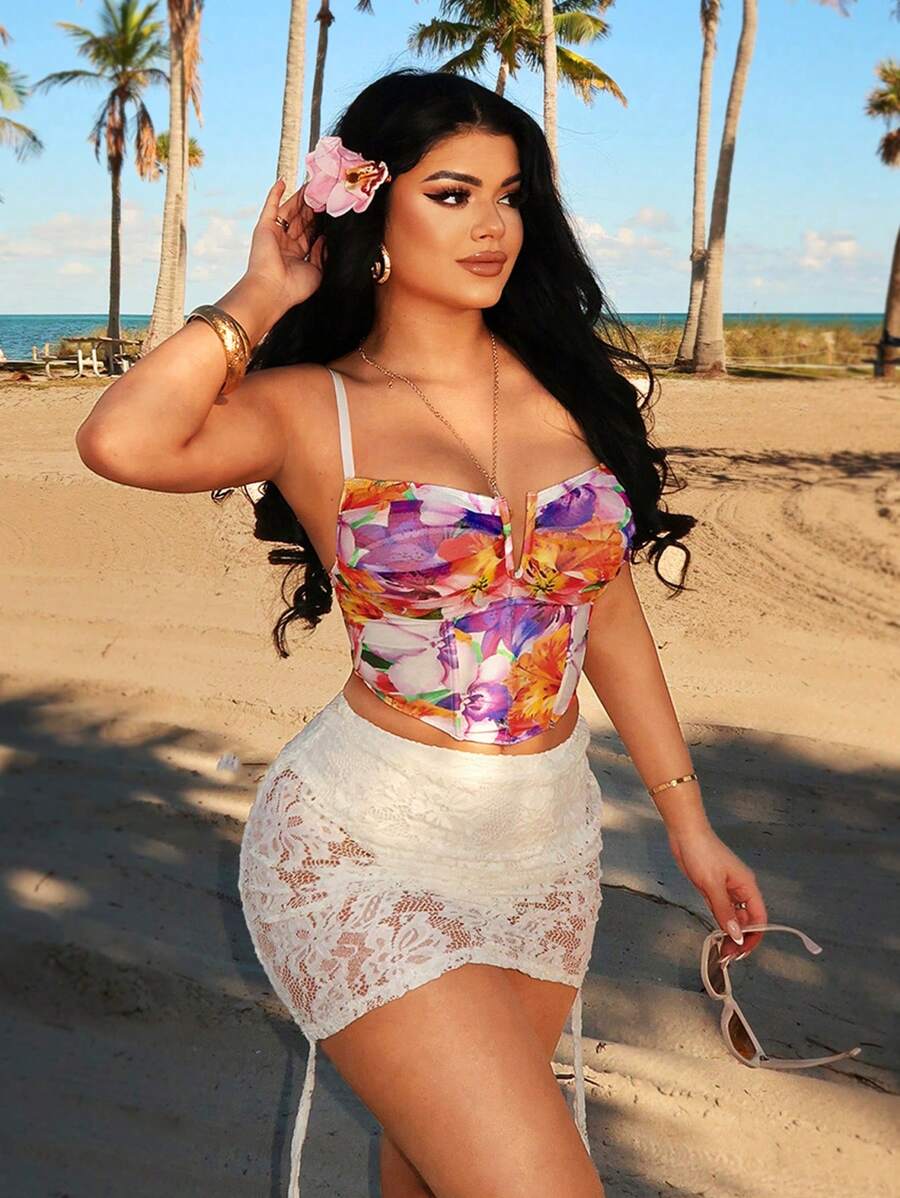 SHEIN SXY Corpete com estampa floral, top curto com estampa de malha transparente, moda casual para encontros, festas, aniversários, chá de jardim, feriados - Multicolorido - Ver 1