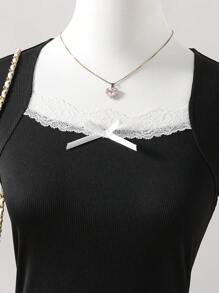 Sparklyn Camisetas de manga corta y cuello redondo ajustadas con ribete de encaje para niñas preadolescentes, estilo dulce y elegante de señorita - Negro - Ver 5