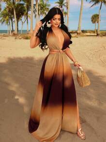 SHEIN SXY 大码渐变色露背开衩至大腿休闲度假连衣裙 - 彩色 - 查看 4