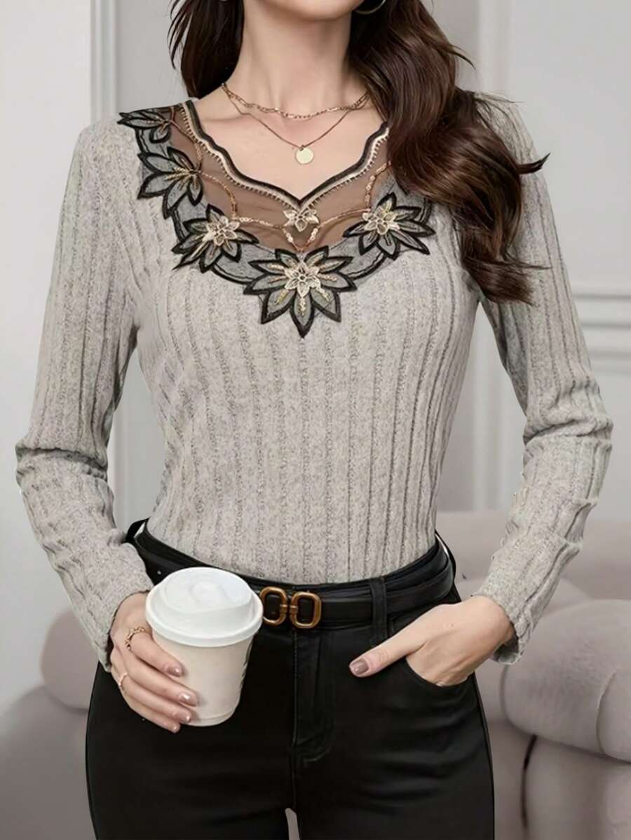 Women Contrast Lace Long Sleeve Ribbed Casual T-Shirt - Khaki - View 1
