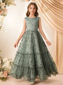 Tween Girl Princess Midiklänning i spets, Pianoframträdande högtidskläder, Cellokonsertklädsel, Födelsedagsfest Nyankomst - Grön - Visa 3