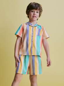 SHEIN 2pcs Young Boys' Colorful Striped Chest Pocket Short Sleeve Button-Up Shirt And Relaxed Fit Striped Elastic Waist Shorts Set, Perfect For Holiday Style