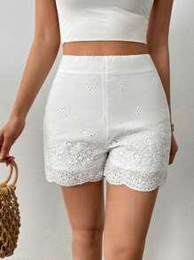 Chiquease Shorts casuales con bordado blanco, minimalistas y de moda, aptos para el verano - Blanco - Ver 5