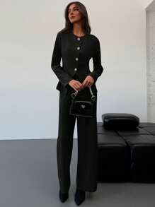 Aloruh 1 套女士办公室/通勤杏色修身长袖衬衫 + 及地直腿裤 - 黑色 - 查看 7