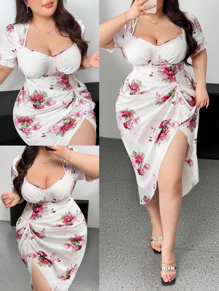 Flirla Plus Size Women's Sweetheart Neck Short Sleeve Pleated Slit Floral Print Elegant Vintage Pink Dress