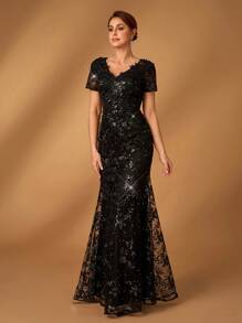 Serin 夏季优雅浪漫华丽黑色亮片刺绣V领短袖奢华亮片贴花设计修身鱼尾下摆，适合晚宴、单身派对、假日、舞会、婚礼、音乐节、新娘母亲礼服，情人节适用。 - 黑色 - 查看 8