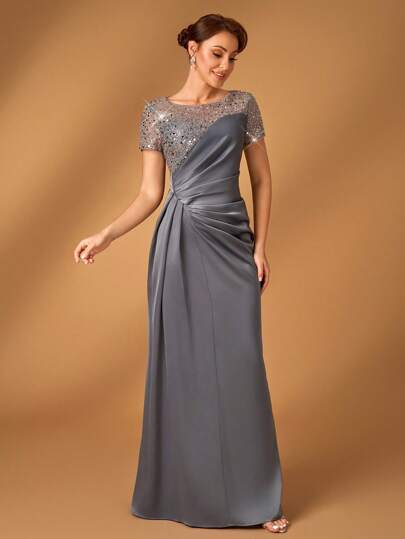 Serin Elegant Luxury Pearl Sequin Satin Ruffle Mermaid Style Skirt, Suitable For Wedding, Party, Vacation, Ball, Evening Events, Bridal Mother Dress