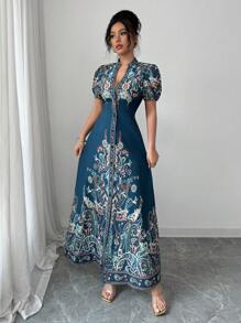 Elenzga 女式 2025 新款优雅性感深 V 领紧身长裙（印花） - 彩色 - 查看 6