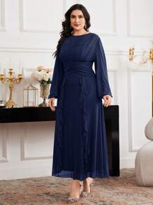 Modelyn Đầm xòe tay đèn lồng màu trơn thanh lịch cỡ lớn - Màu xanh hải quân - Xem 4