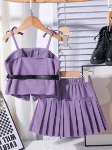 SHEIN Girls Casual Outfit Set: Deep Grey Sleeveless Button-Up Top, Dark Grey Pleated Skirt, Black Leather Belt - Purple - View 2