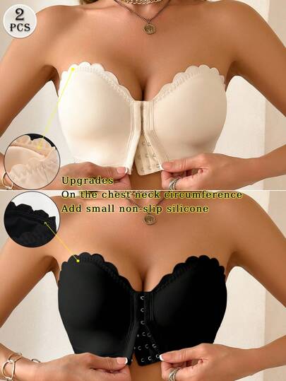 2pcs/Set Colorful Women Underwear Bras, Front Closure Ruffled Push Up Bras With Removable Pads