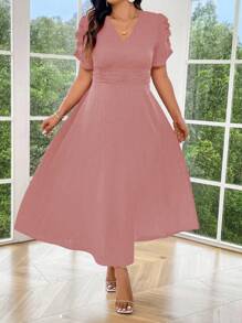 Celure Plus Size Women's Summer Solid Color V-Neck Short Sleeve Bubble Hem Long Elegant Dress With Waist Pleats, For Christmas Maxi Women Outfit