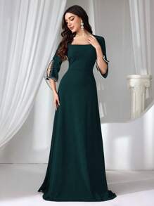 Coutiva Vestido elegante de noche de mujer con falsa perla y punto verde, vestido de fiesta, vestido de invitada de boda
