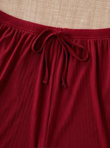 SHEIN Plus Size 3pcs Plain Color Lace Camisole Pajama Set, Simple & Fashionable, Suitable For Summer, Outfits - Burgundy - View 3