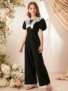SHEIN Tween Girl 休闲可爱女孩荷叶边小飞侠领泡泡袖连体裤 - 黑色 - 查看 4