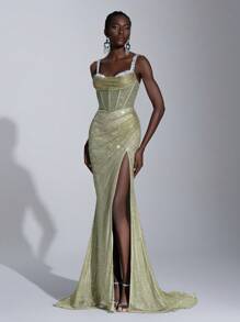 Elitara Elegant Luxurious Pearl & Sequin Splicing Elastic Net Ruffle Draped Neck Mermaid Slit Maxi Dress, Suitable For Wedding, Party, Single's Gathering, Vacation, Ball Gown (Heavy Design), Formal, For Evening, Wedding Guest Wedding Guest Dress - Elegant Floor Length Gown For Formal Occasion - Green - View 3