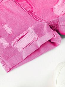SHEIN Young Girl' Casual Versatile Wide Leg Relaxed Fit Distressed Cuff Denim Shorts - Hot Pink - View 6