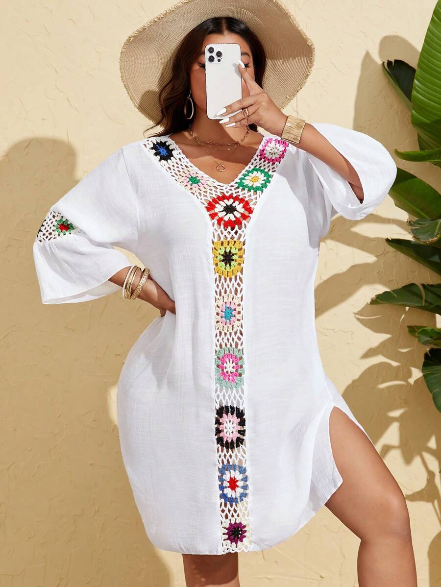 Swim Lushoire Plus Size Women's Single 3/4 Sleeve Crochet Floral Plus Size Beach Cover Up For Summer Beach Vacation - White - View 1