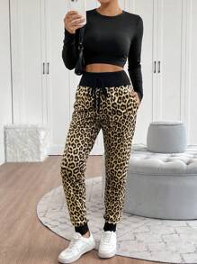 SHEIN LUNE Women's Fashionable Leopard Print Drawstring Sweatpants - White - View 5