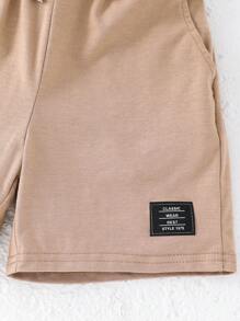 SHEIN 2pcs/Set Young Boy Letter Print Hoodie Top And Shorts Set - Khaki - View 6