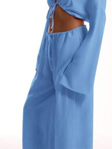 MUSERA Tie Front Linen Feel Beach Trousers Boho Elegant Holiday Casual Vacation Summer Ibiza Airport Party Spring - Blue - View 5