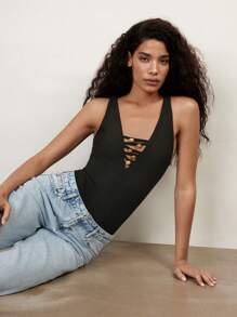 Maija 2025 Spring/Summer New Fashion Casual Vacation V-Neck Lace Patchwork Bodysuit, Comfortable For Women, Suitable For Music Festival, Beach, Vacations, Daily Casual, Romantic City Outings, Weddings, Graduations