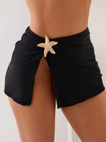 SHEIN Swim 1 件女士性感侧海星配饰海滩度假纯色开叉罩衫 - 黑色 - 查看 3