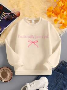 Tween Girls' Letter & Bow Print Fleece Crew Neck Sweatshirt - Apricot - View 1