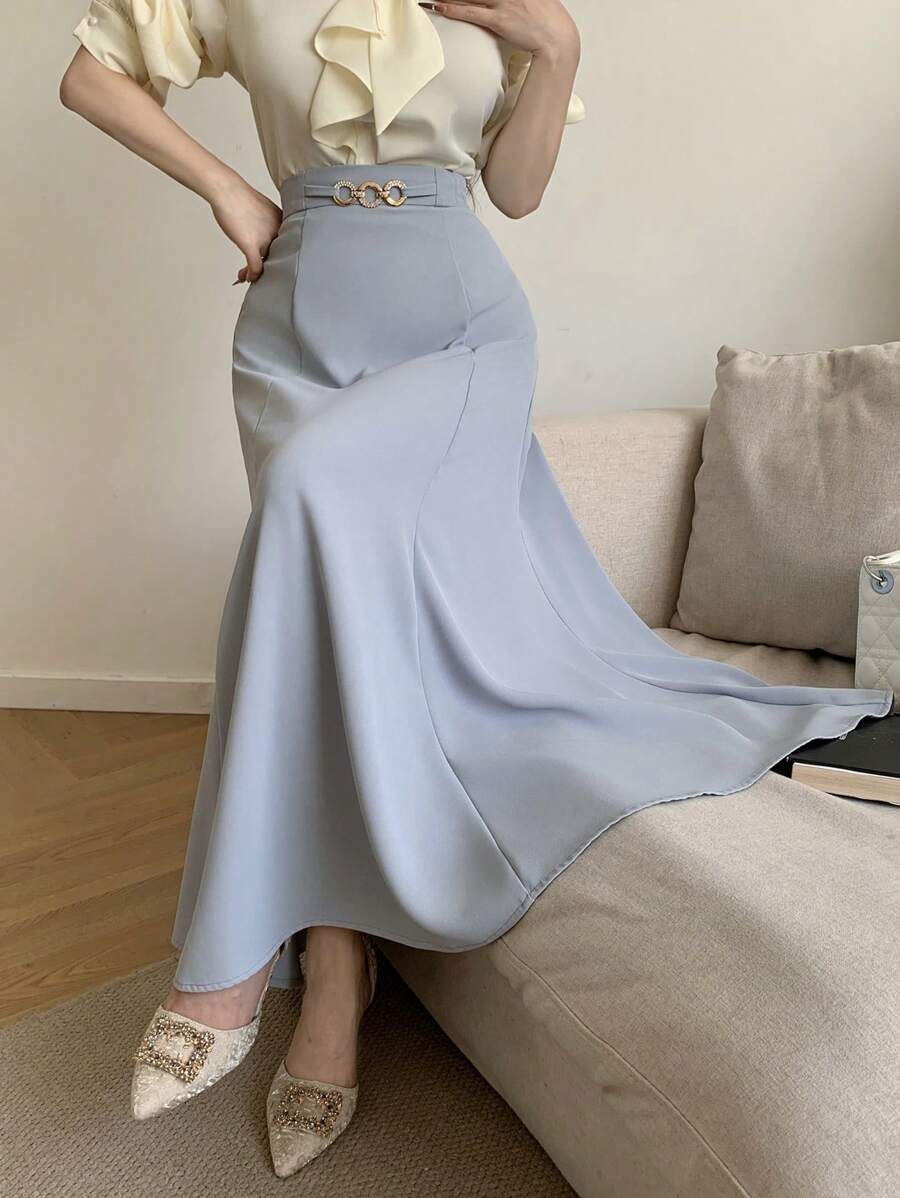 Modelyn Women's Waist Chain Decor Bodycon Skirt, Elegant - Blue - View 1