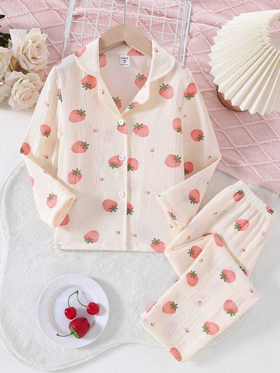 SHEIN 2pcs Young Girls Cute Strawberry Pattern Ruffle Textured Casual Comfy Open Front Top And Pants Set Home Wear - Multicolor - View 1