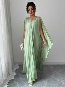 Elenzga 女士纯色宽松直筒褶皱长款连帽斗篷连衣裙