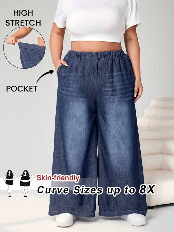 SHEIN CURVE+ Plus Size Women's Light-Weight Loose Drawstring Waist Wide Leg Jeans