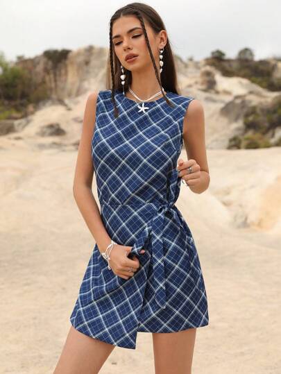 GENKIRA Collegiate Style Denim Blue Picnic Plaid Round Neck Asymmetrical Design Cinched Waist Sleeveless Mini Dress For Women