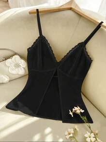 SHEIN VCAY 女士无袖纯色撞色蕾丝高开叉下摆时尚吊带背心 - 黑色 - 查看 1