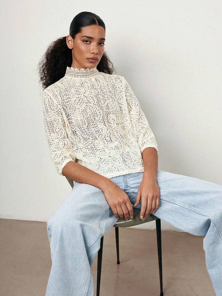 SHEIN Maija 2025 Summer New Lace Stand Collar Mid-Length Sleeve Textured Embroidery Semi-Sheer Lace Fabric Music Festival Beach Resort Casual Romantic Urban Resort Suitable For Outings, Parties, Weddings, Guests, Retro Styled, Graduation Season Ladies Top
