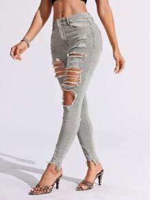Women's Pocket Detail Ripped Skinny Casual Versatile Denim Jeans - Army Green - View 5