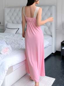 Elegant Lace Patchwork Spaghetti Strap Long Nightgown For Women - Pink - View 2