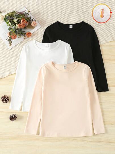 Tween Girl 2/3pcs Pack Crew Neck Long Sleeve Thermal Lined T-Shirt Set, Beige White & Black, Warm Winter