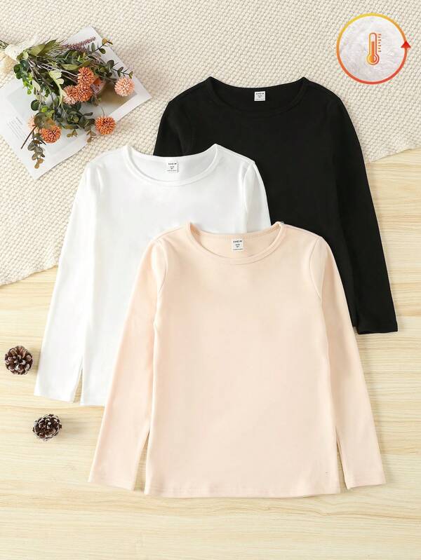 Tween Girl 2/3pcs Pack Crew Neck Long Sleeve Thermal Lined T-Shirt Set, Beige White & Black, Warm Winter